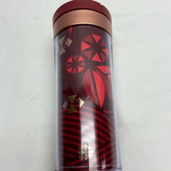 Starbucks 12oz Travel Coffee Tea Mug Red & Gold With Stars & Leaves Acrylic - Picture 3 of 10